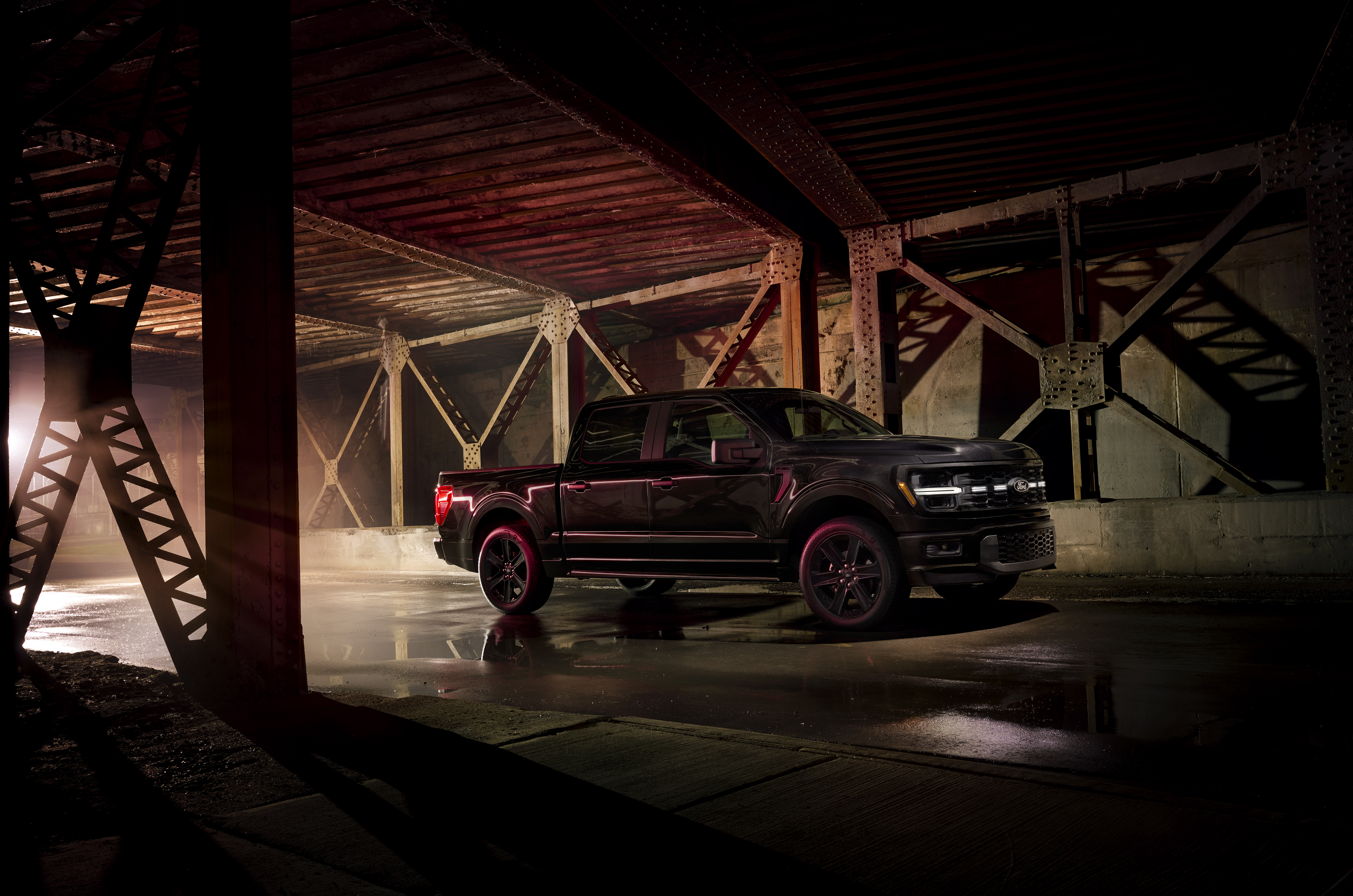 Night shot of black Ford F-150 Lobo